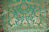 Emerald Green Exotic Silk Throw Pillow with Elephants and Peacocks India