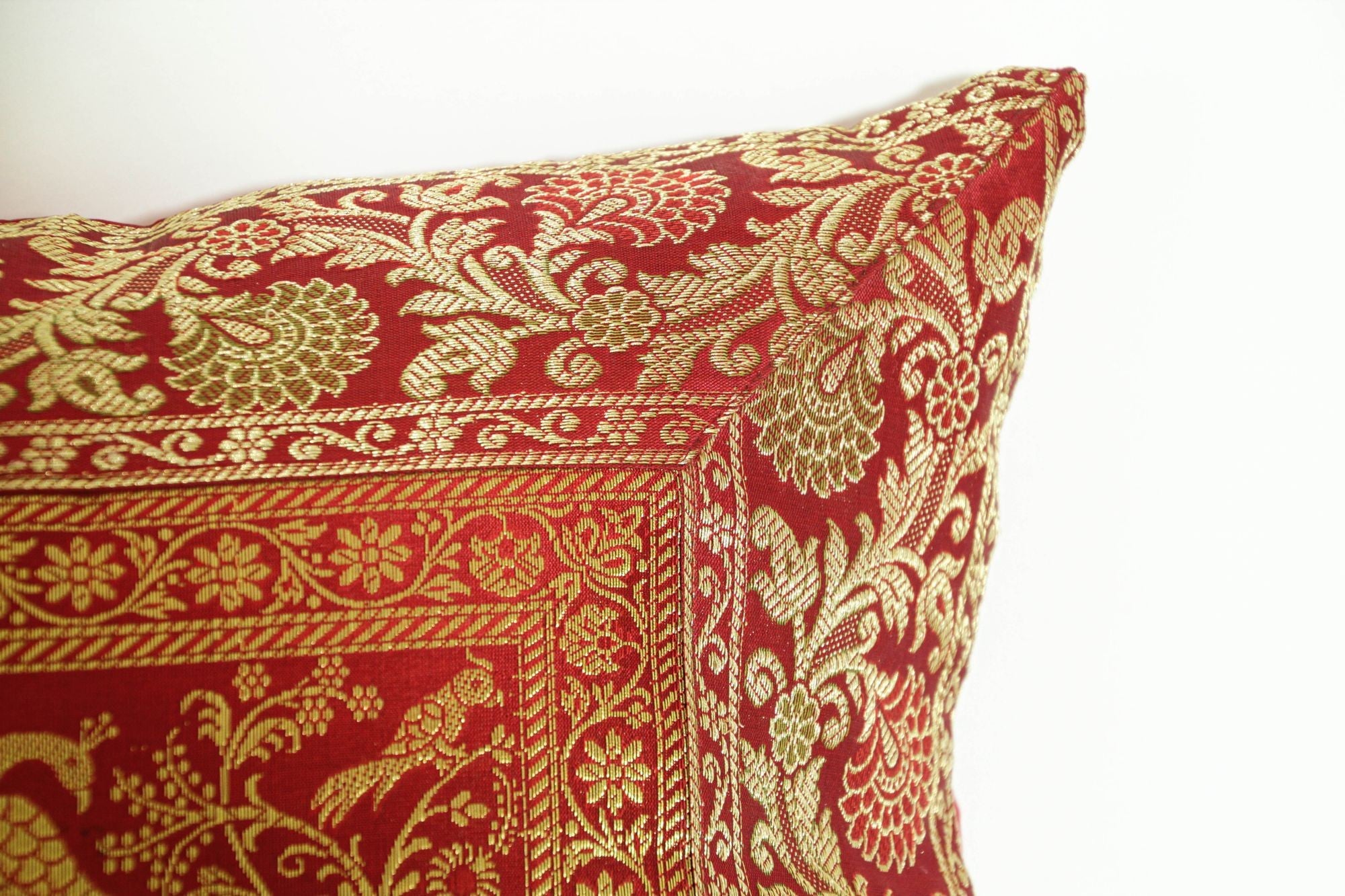 Decorative Silk Throw Pillow with Elephants and Peacocks India