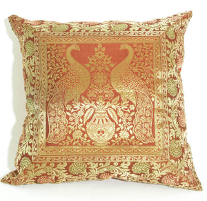 Red Silk Throw Pillow with Elephants and Peacocks India