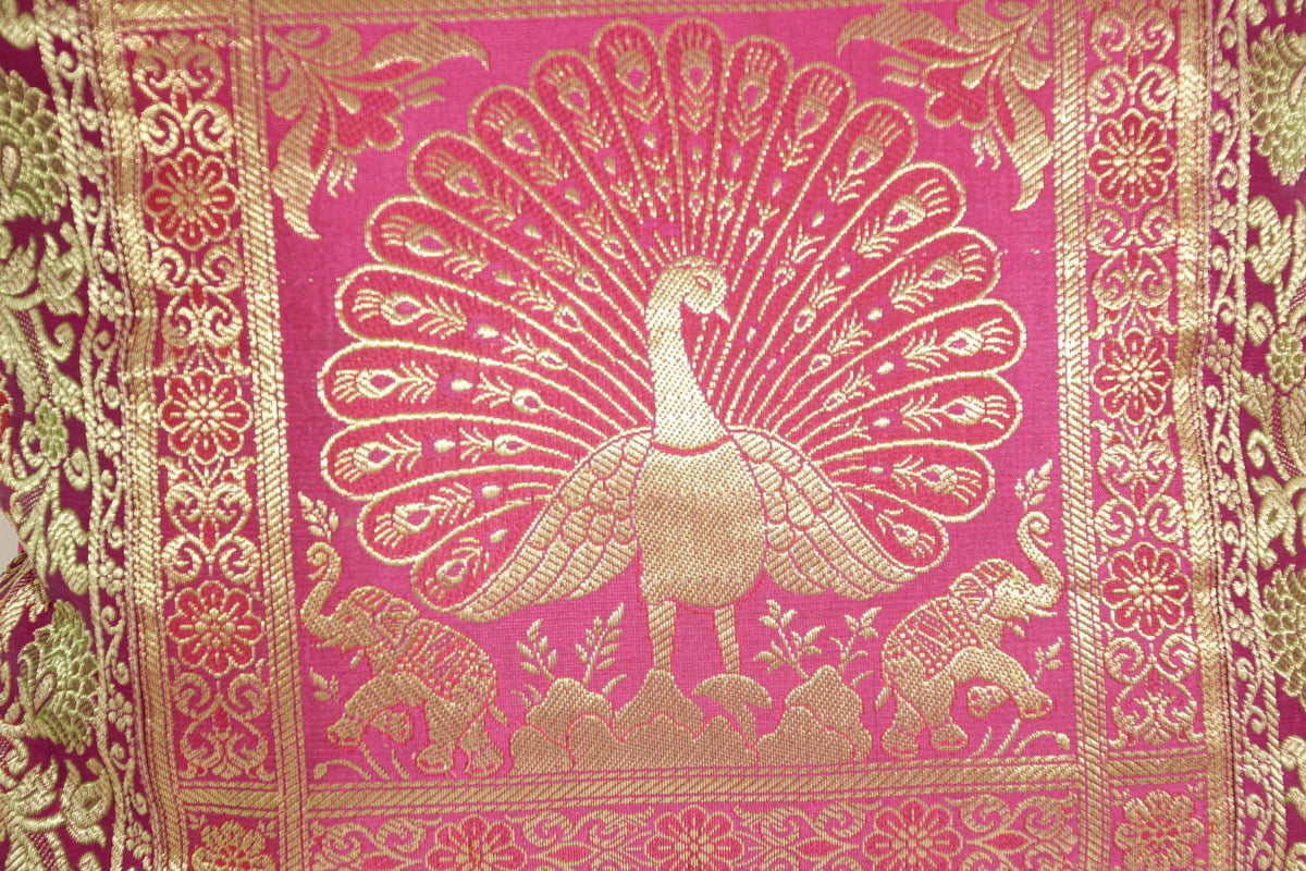 Hot Pink Silk Brocade Throw Pillow, Peacock Design, Indian Art, 1980