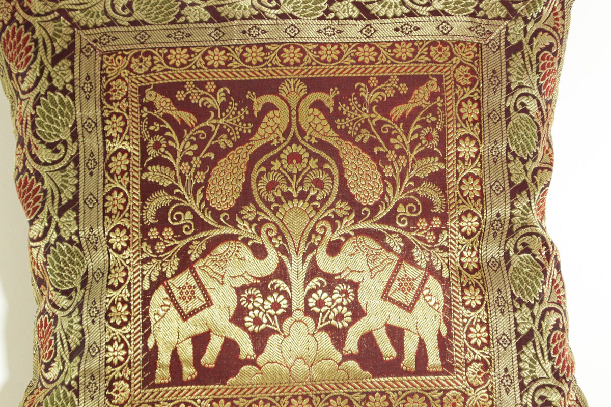 Silk Throw Pillow with Elephants and Peacocks India