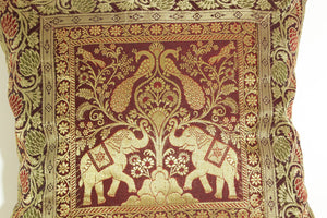 Silk Throw Pillow with Elephants and Peacocks India