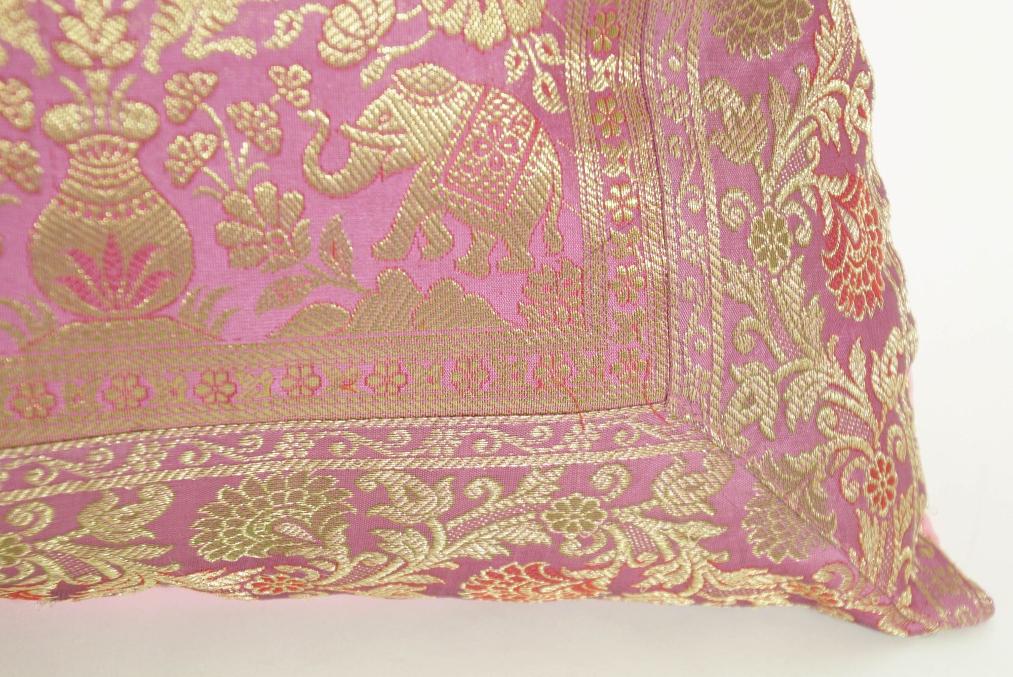 Silk Pink Throw Pillow with Elephants and Peacocks India