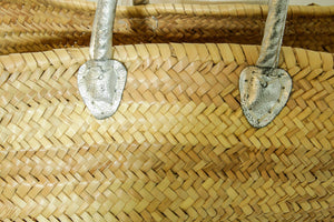 French Moroccan Straw Basket Tote Bag with Piped Leather Handles