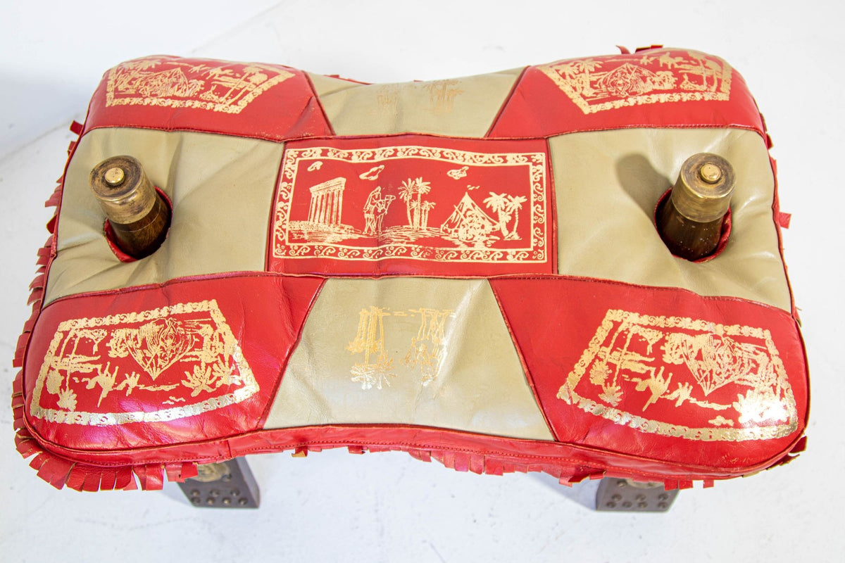 1960s Vintage Egyptian Camel Saddle Stool in Dark Wood & Red Leather