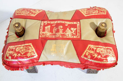1960s Vintage Egyptian Camel Saddle Stool in Dark Wood & Red Leather