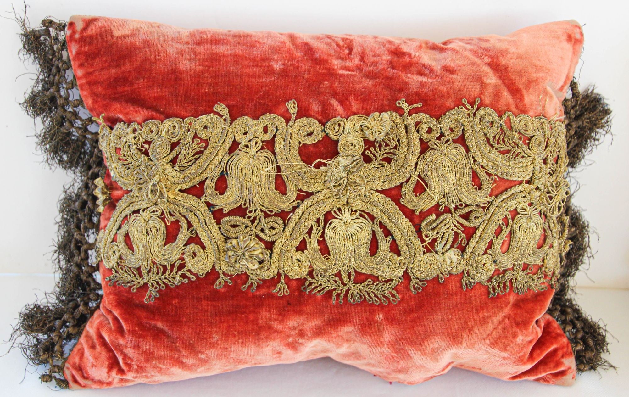 Antique Venetian Moorish Silk Velvet Throw Pillows Embellished with Metallic Treads