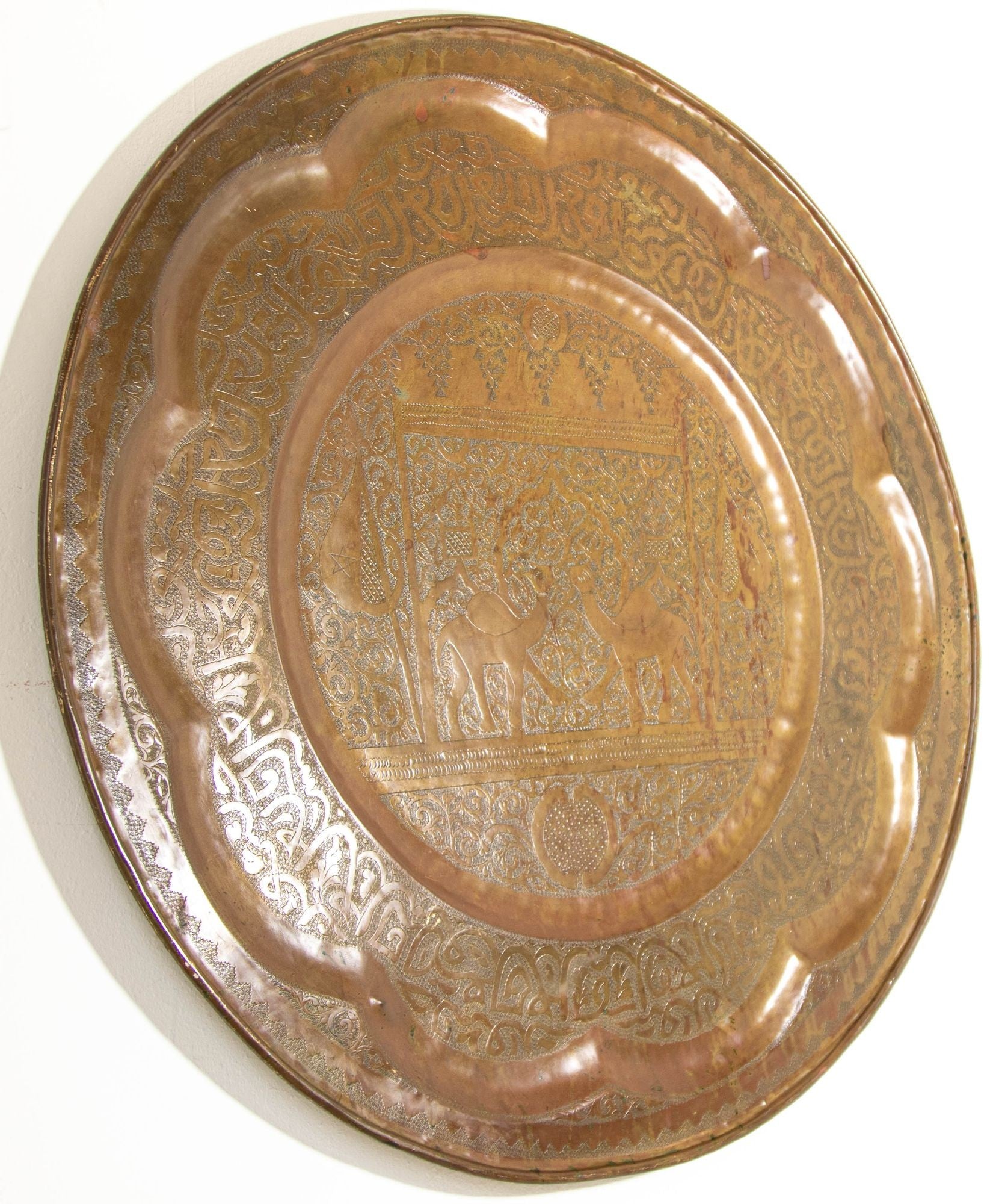 Large Moroccan Round Brass Tray Wall Decor 38 inches Circa 1950's