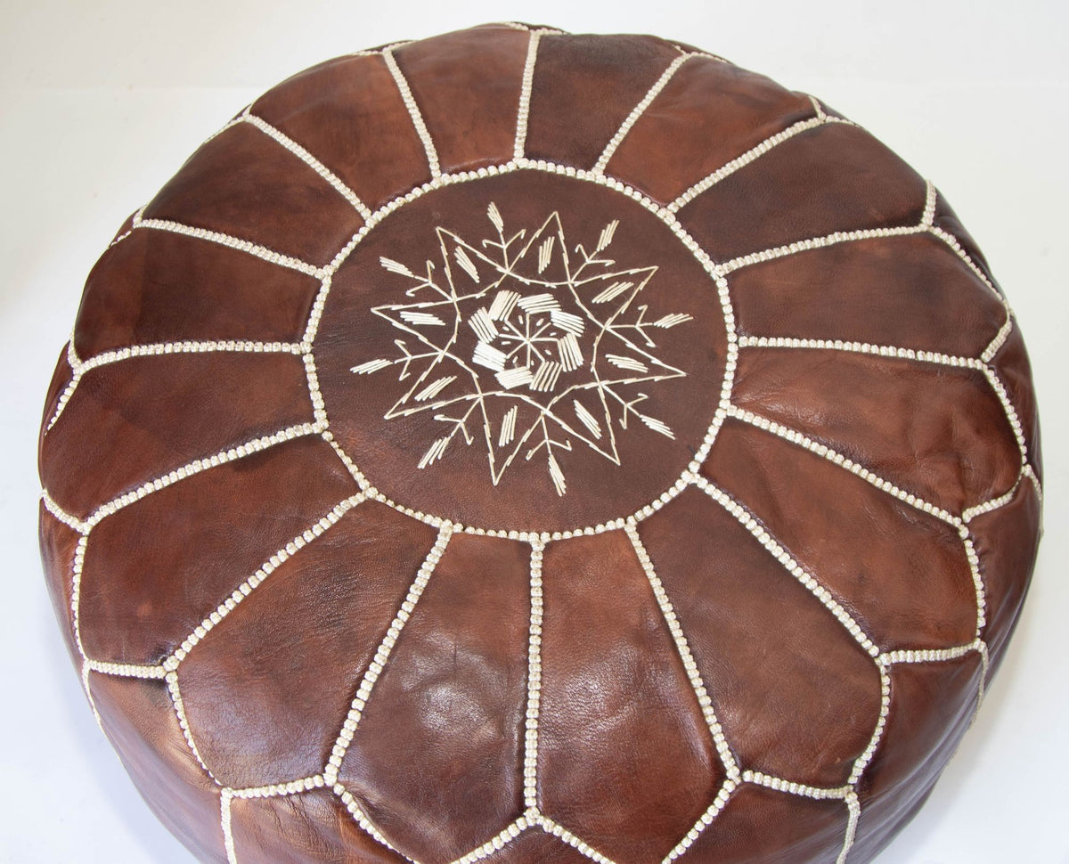 Moroccan Brown Leather Pouf, Embroidered Ottoman, Vintage Style