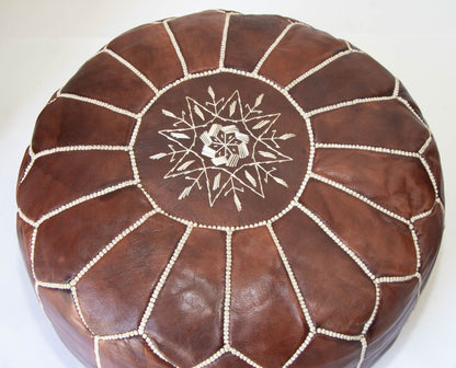 Moroccan Brown Leather Pouf, Embroidered Ottoman, Vintage Style