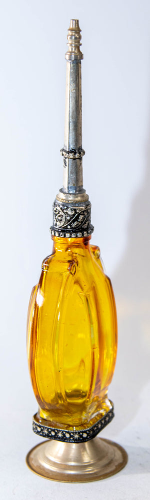 Moroccan Footed Glass Perfume Bottle Sprinkler with Embossed Metal Overlay