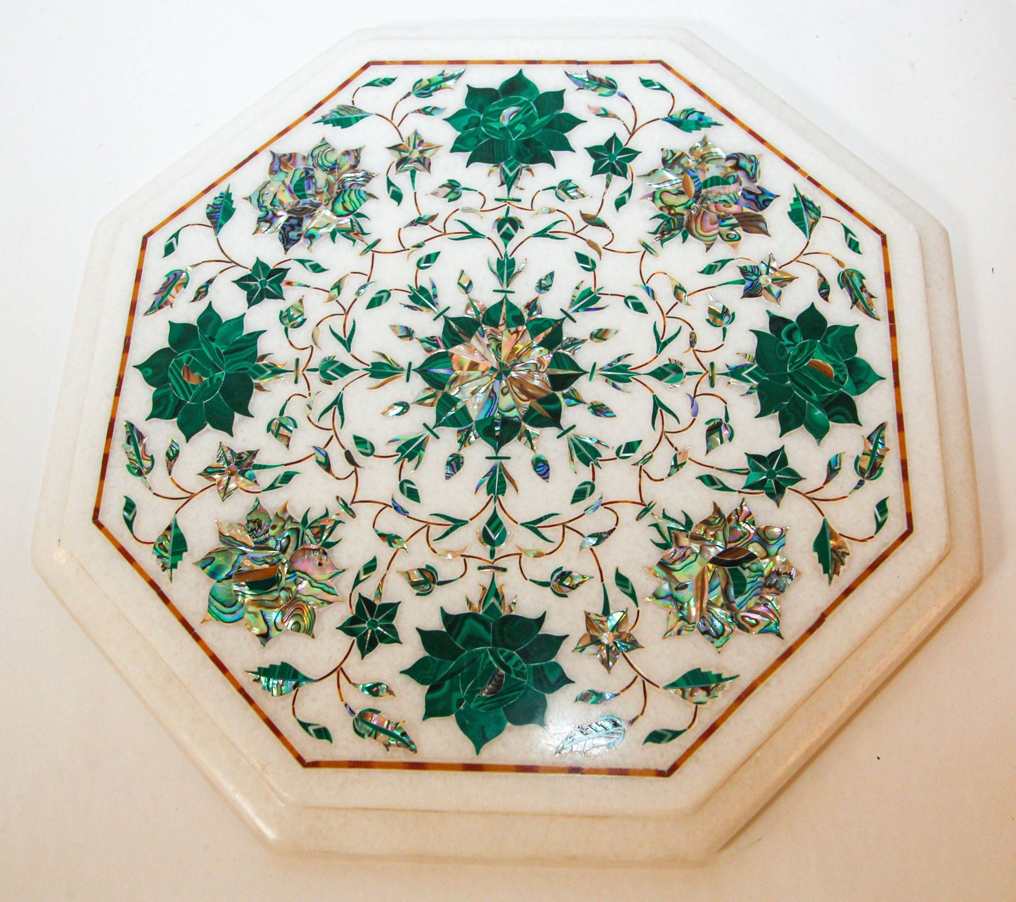 Pietra Dura White Mosaic Octagonal Inlaid Marble Top Handcrafted Agra India 1980