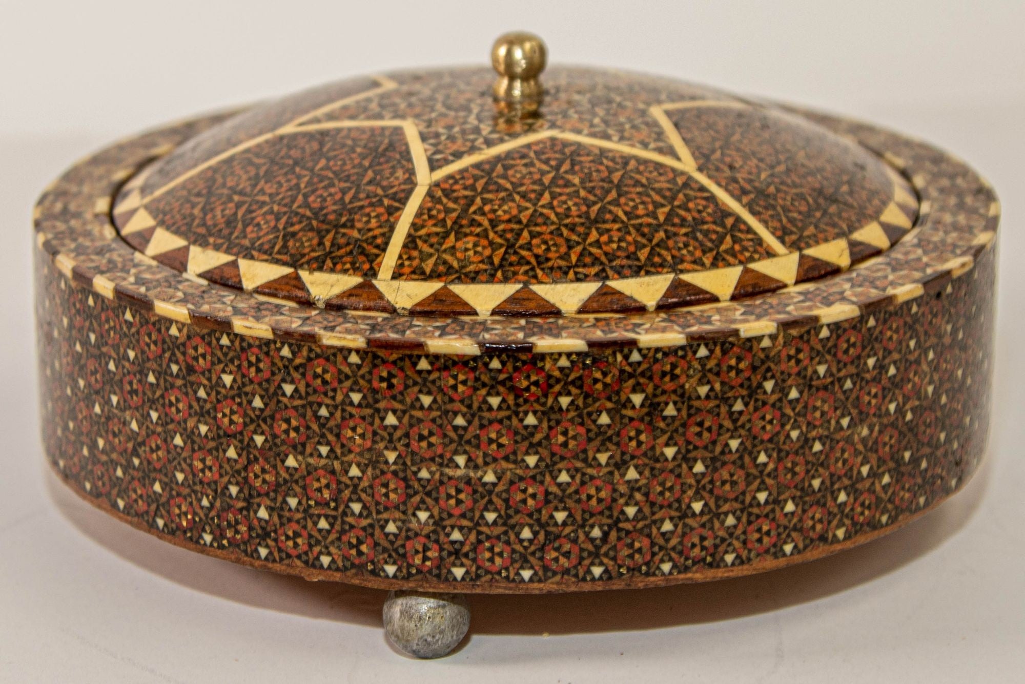 Persian Box Khatam Kari Footed Wooden Round Jewelry Vanity Trinket Moorish Box
