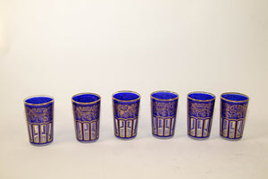 Moroccan Royal Blue Glasses with Gold Moorish Arabesque Design Set of 6 Barware