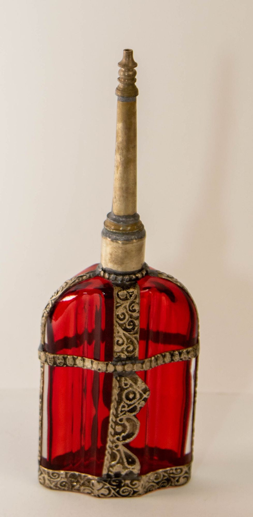 Moroccan Perfume Bottle Sprinkler with Embossed Metal Overlay and Red Glass