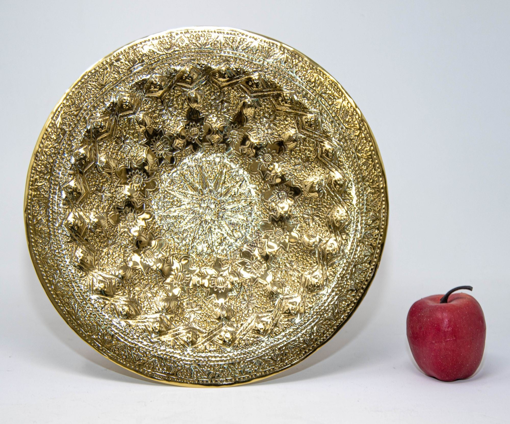 Islamic Persian Polished Brass Tray Collectible Metal Work Platter 10 inches D.
