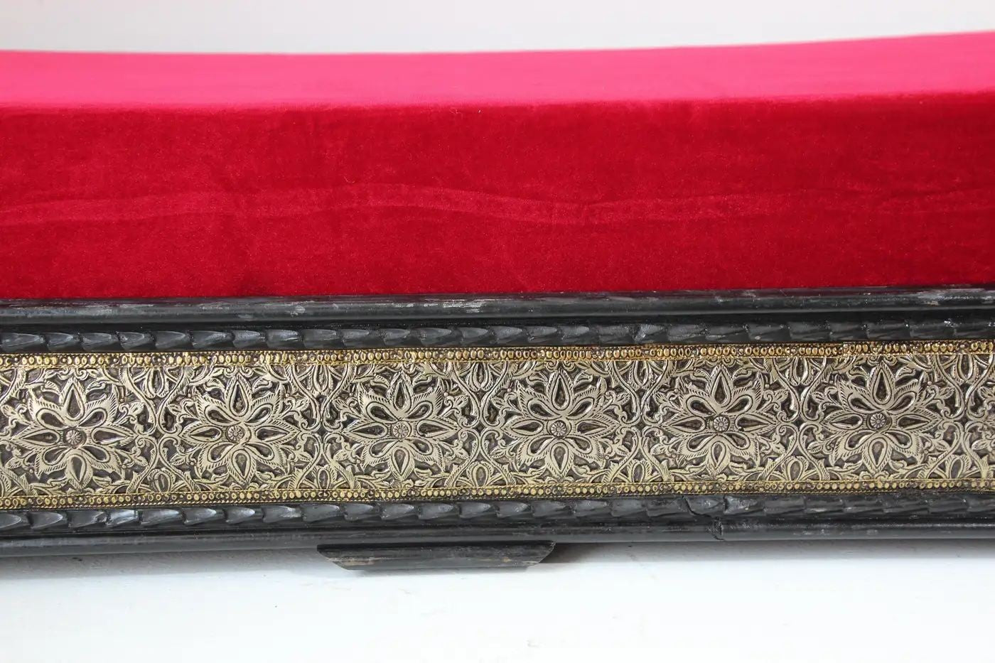 Vintage Moroccan Settee Low Bench, Day Bed with Red Cushion