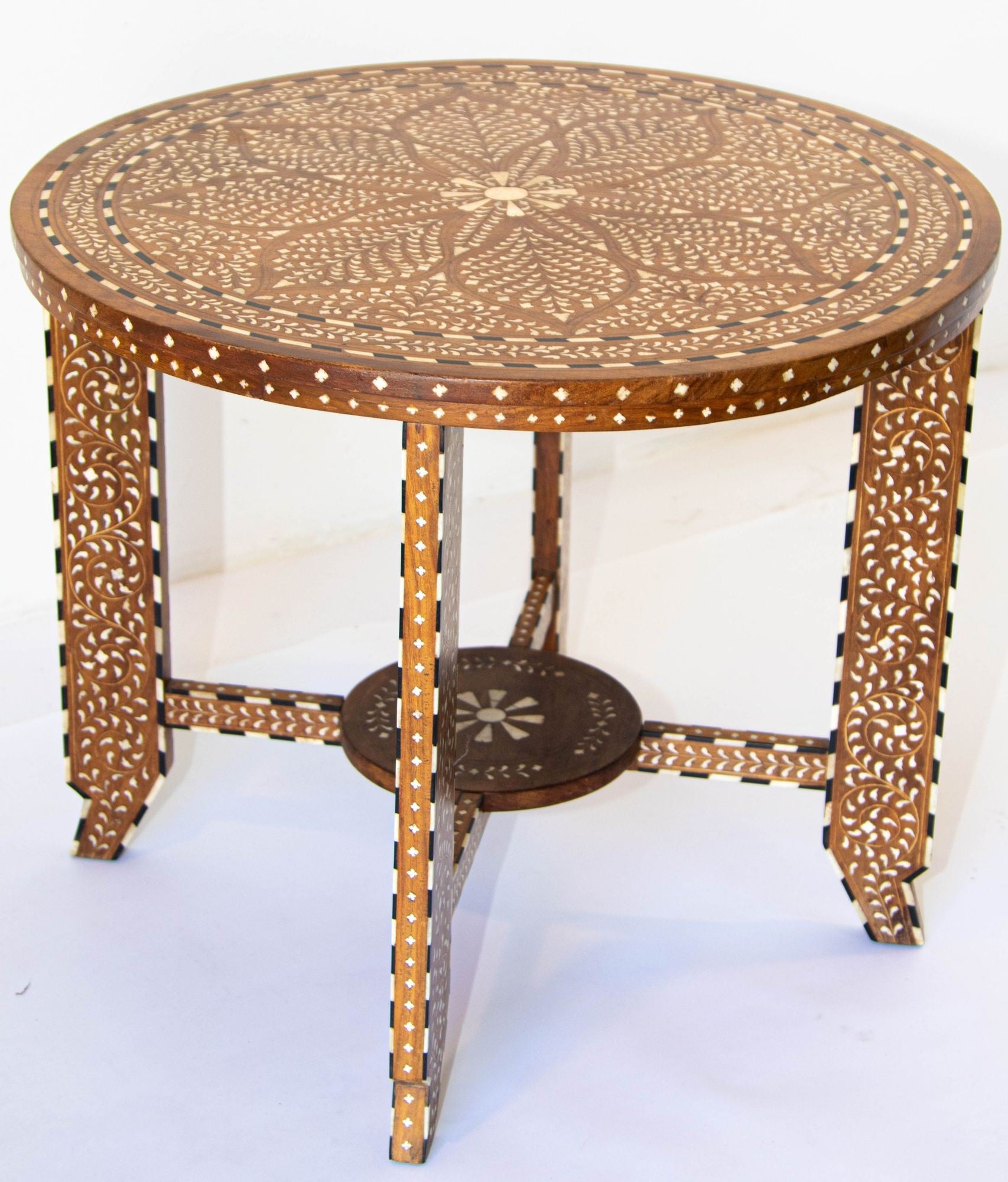 Anglo Indian Mughal Teak Wood Round Side Table with Bone Inlaid