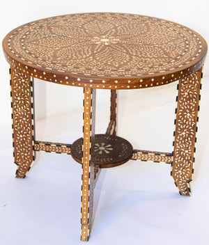 Anglo Indian Mughal Teak Wood Round Side Table with Bone Inlaid