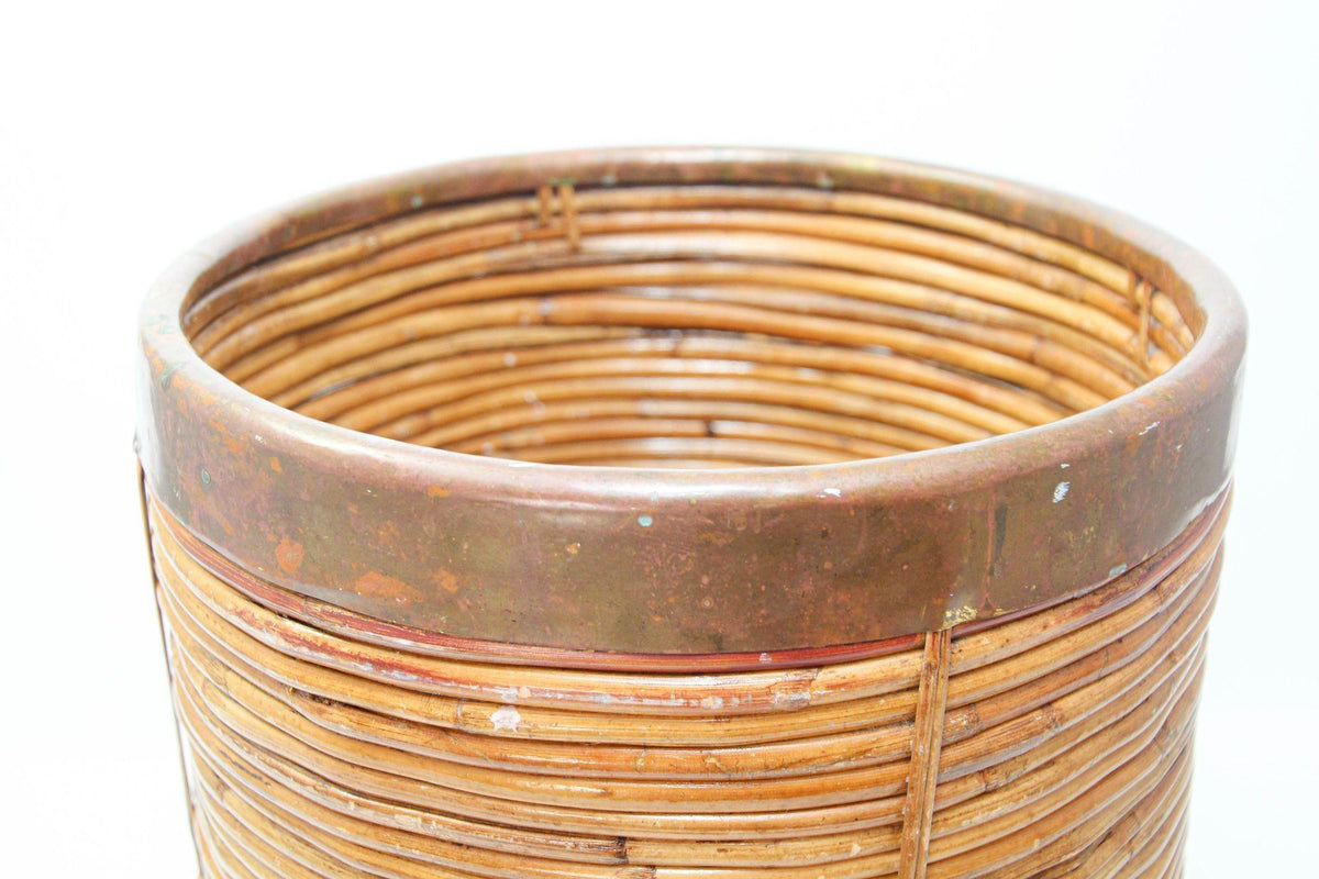 Large Rattan Bamboo Round Planter Brass Rim Italy, 1970s — Italy