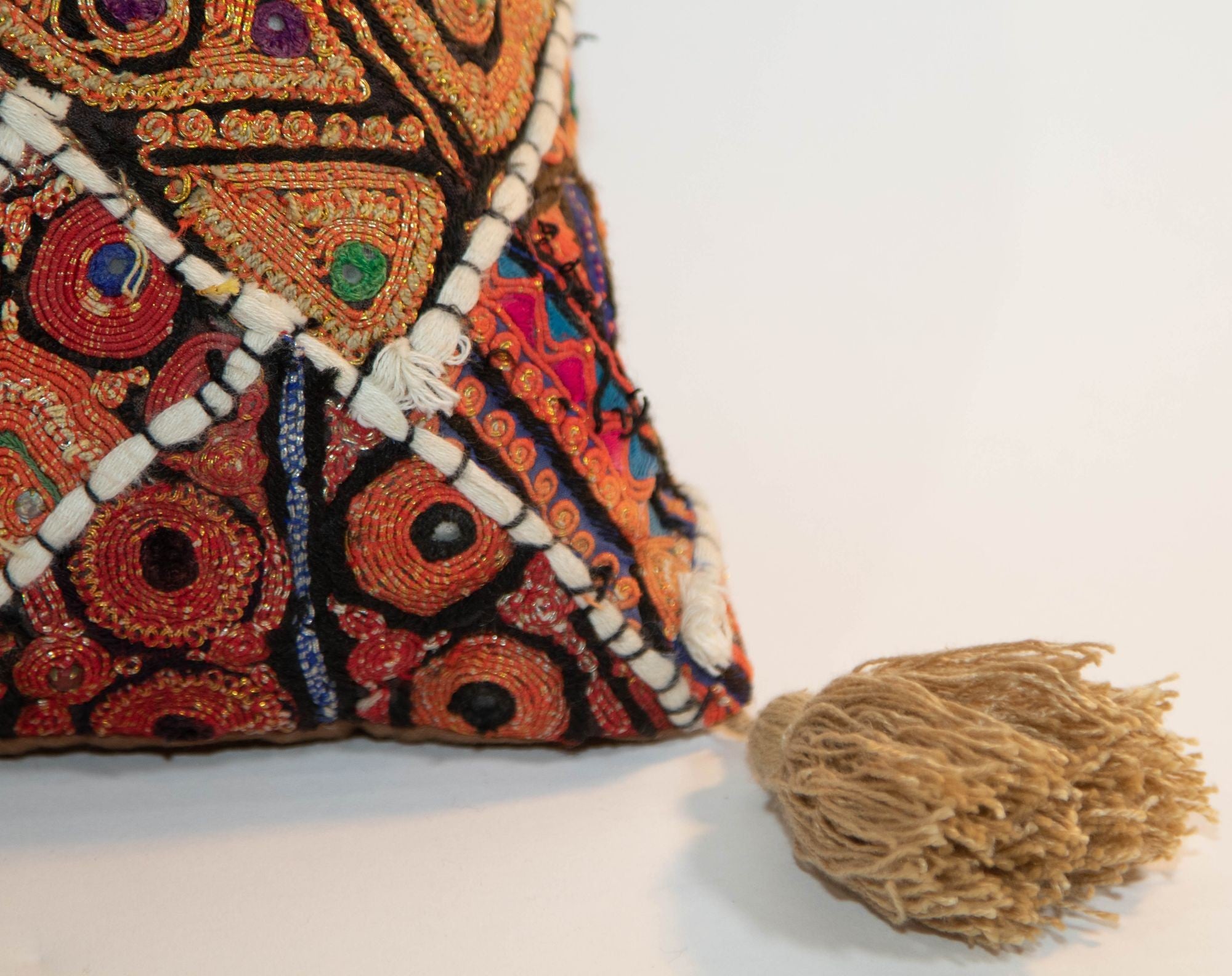 Vintage Pillow in Colorful Embroidered Fabric Patchwork Rajasthan India