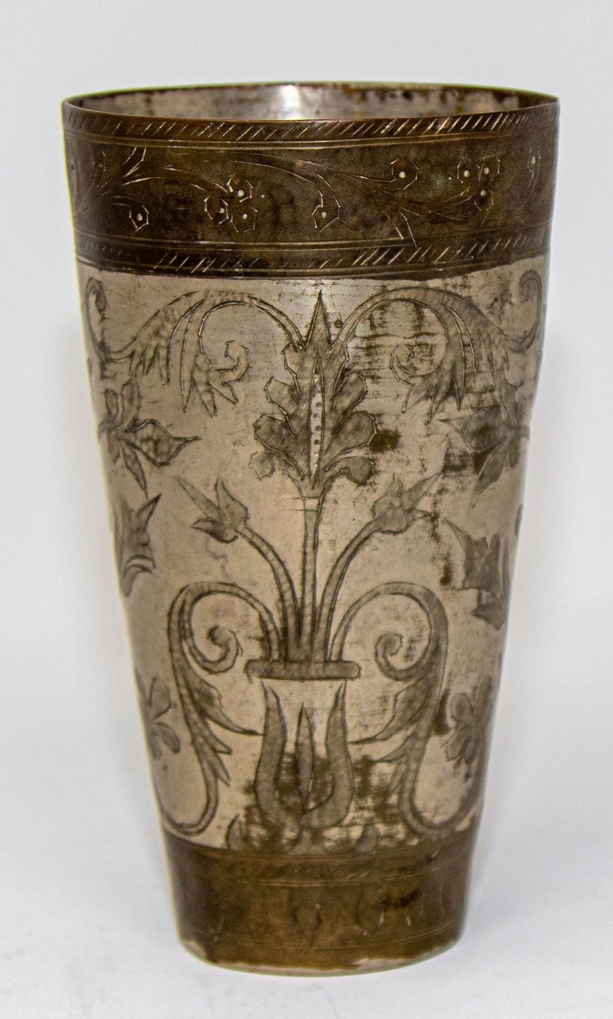 Antique Engraved Metal Silvered Beaker or Vase from India 1940s