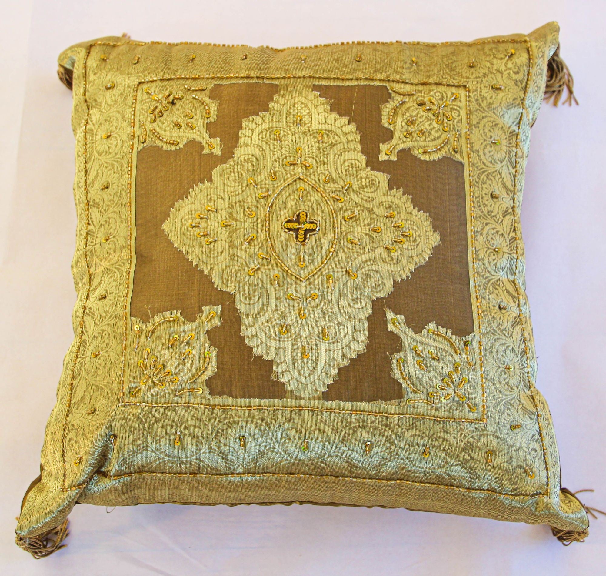 Gold Moorish throw Pillows Embellished with Sequins and Beads a Pair