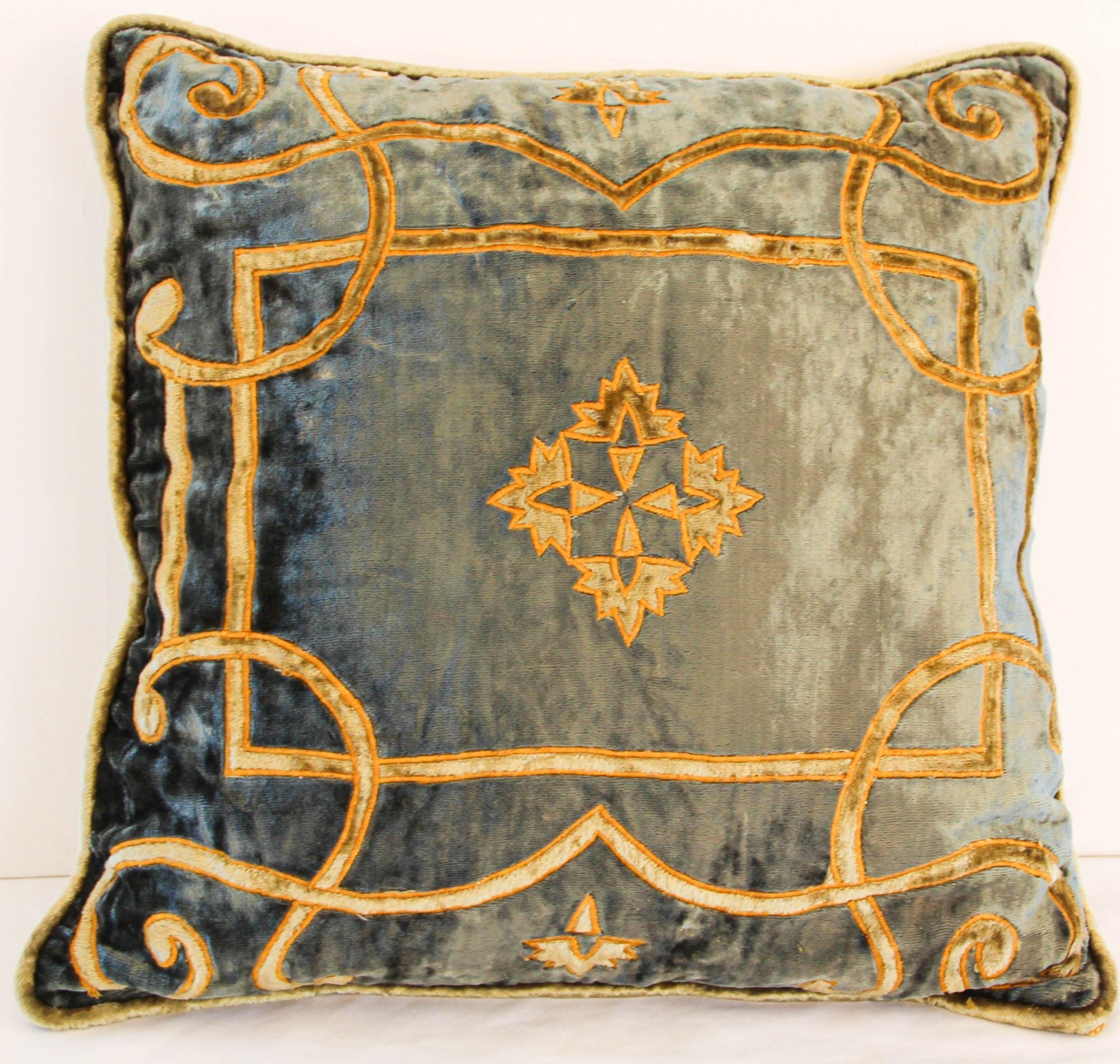 Baroque Venetian Style, Blue and Gold Velvet Pillow, Elaborate Applique Work