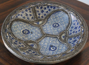Moroccan Moorish Ceramic Bowl Adorned with Silver Filigree from Fez
