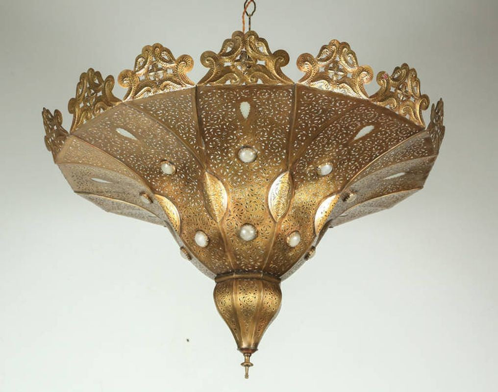Large Moroccan Moorish Pierced Brass Pasha Chandelier, Alberto Pinto Style