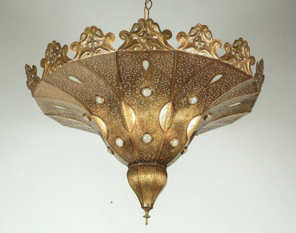 Large Moroccan Moorish Pierced Brass Pasha Chandelier, Alberto Pinto Style