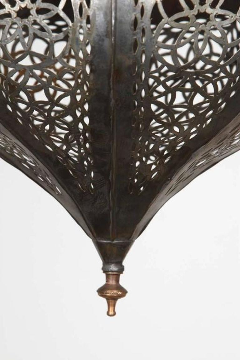 Vintage Moroccan Moorish Clear Glass Pierced Metal Lantern Chandelier, 1980s