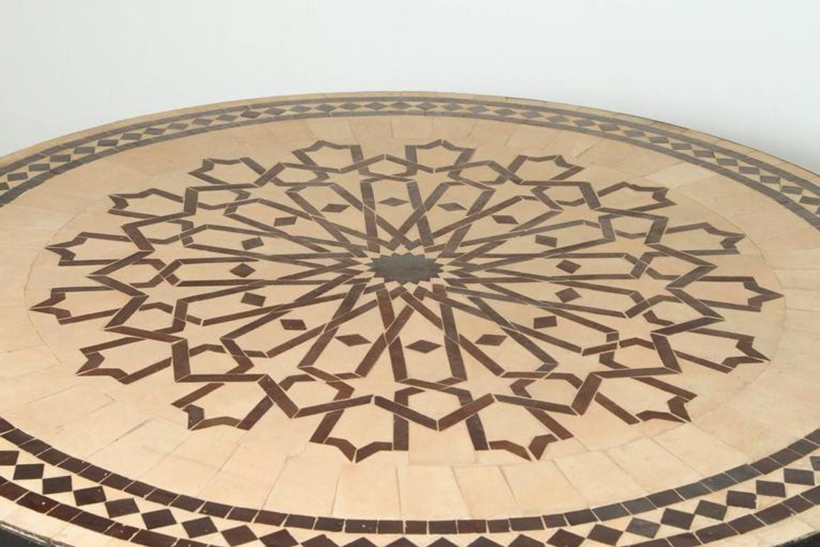 Moroccan Round Mosaic Outdoor Tile Table on Iron Base 47 in