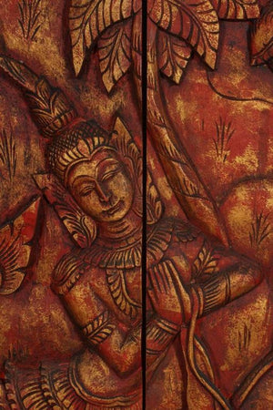 Antique Monumental Asian Hand-Carved Wooden Decorative Mural Panel 8ft