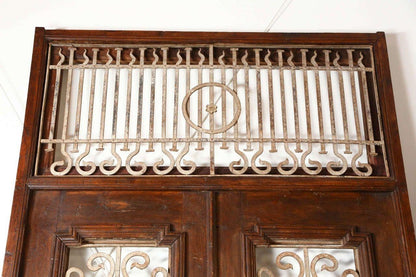 Antique French Painted Double Entry Doors with Transom Wood and Wrought Iron — France