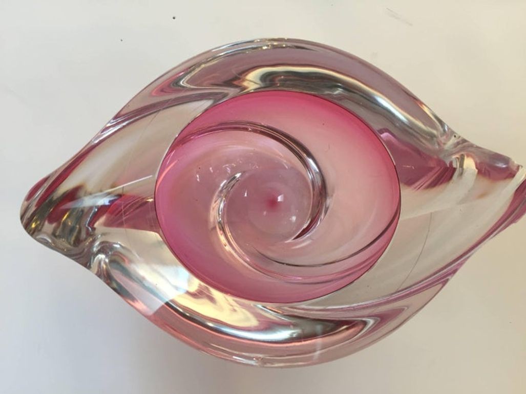 Crystal Pink Ashtray for Val Saint Lambert, Paper Weight Signed
