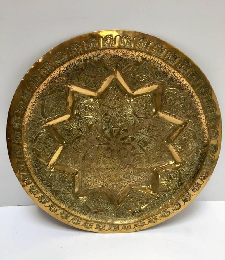 Middle Eastern Moorish Antique Round Brass Tray 20 inches