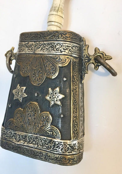 Antique Moroccan Berber Case Flask, Hand-Carved Wood & Brass, 1920s