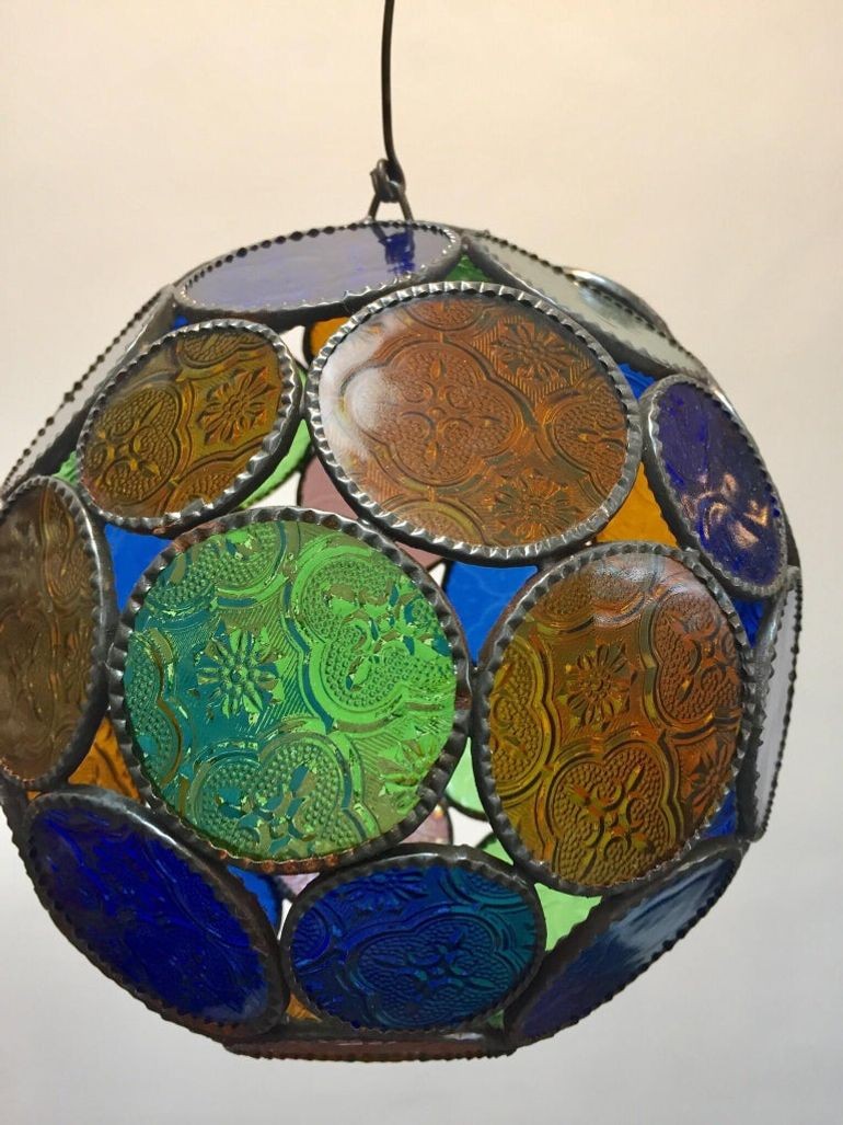 Handcrafted Moroccan Moorish Glass Orb Lantern with Multi-Color Glass