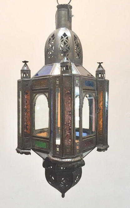 Moroccan Handcrafted Moorish Pendant Lantern with Multi-Color Glass