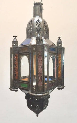 Moroccan Handcrafted Moorish Pendant Lantern with Multi-Color Glass