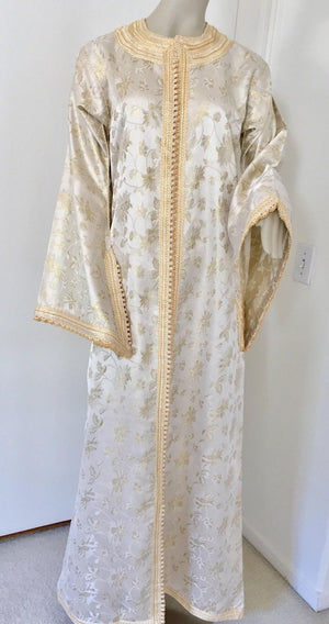 Vintage Moroccan Kaftan White and Gold Metallic Floral Brocade Caftan 1970's