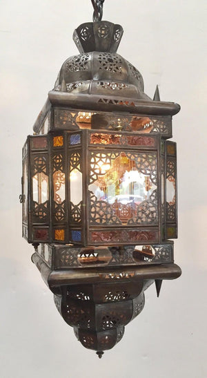 Moroccan Hall Lantern Light Fixture with Multi-Color Glass Moorish Style