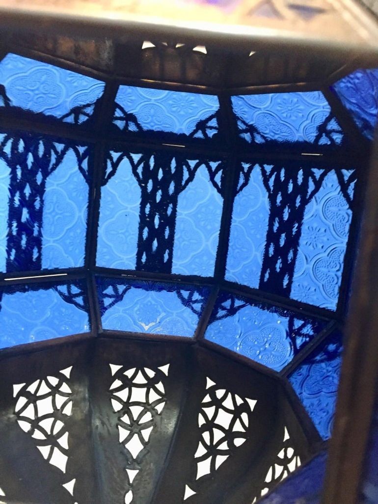 Handcrafted Moroccan Metal and Blue Glass Lantern, Octagonal Shape