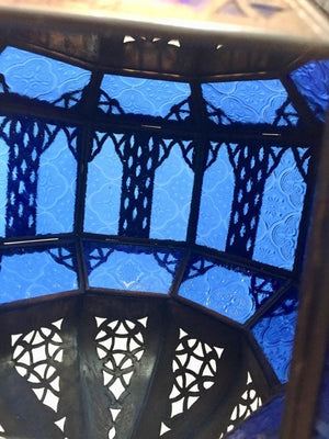 Handcrafted Moroccan Metal and Blue Glass Lantern, Octagonal Shape