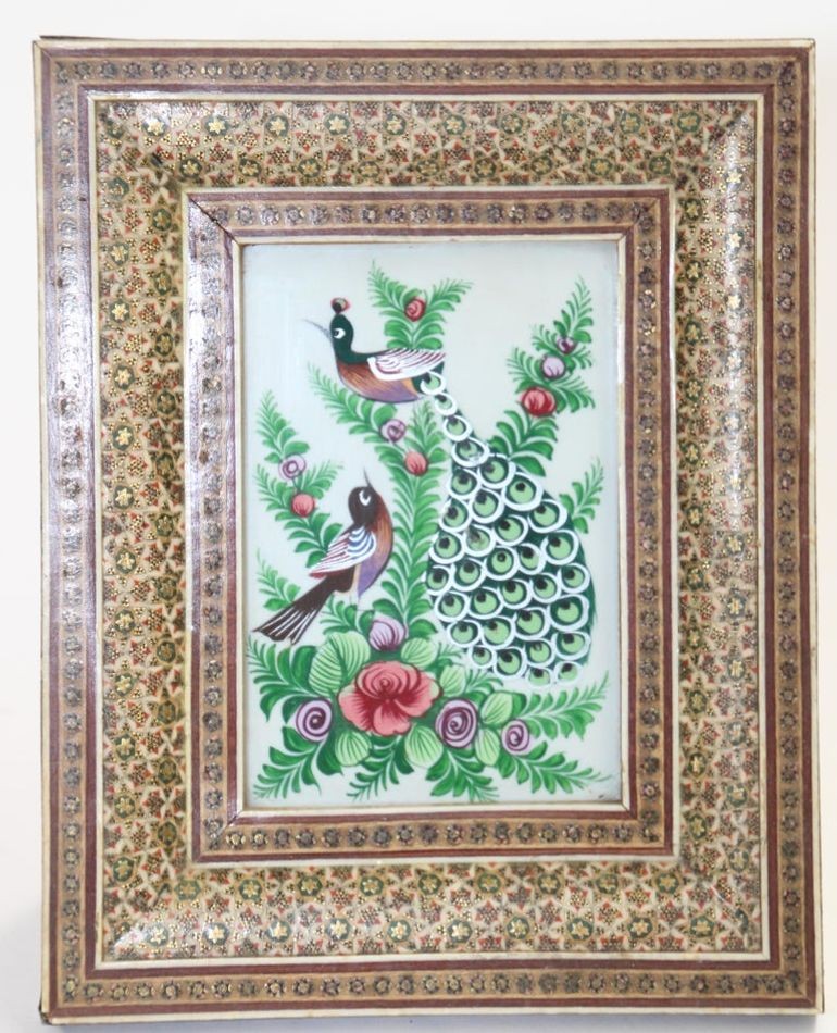 Middle Eastern Miniature Painting of Peacocks in Mosaic Frame