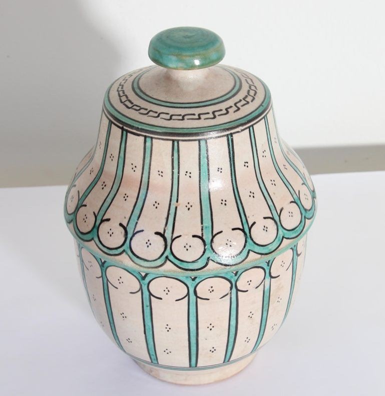 Moroccan Ceramic Glazed Covered Urn Handcrafted in Fez Morocco