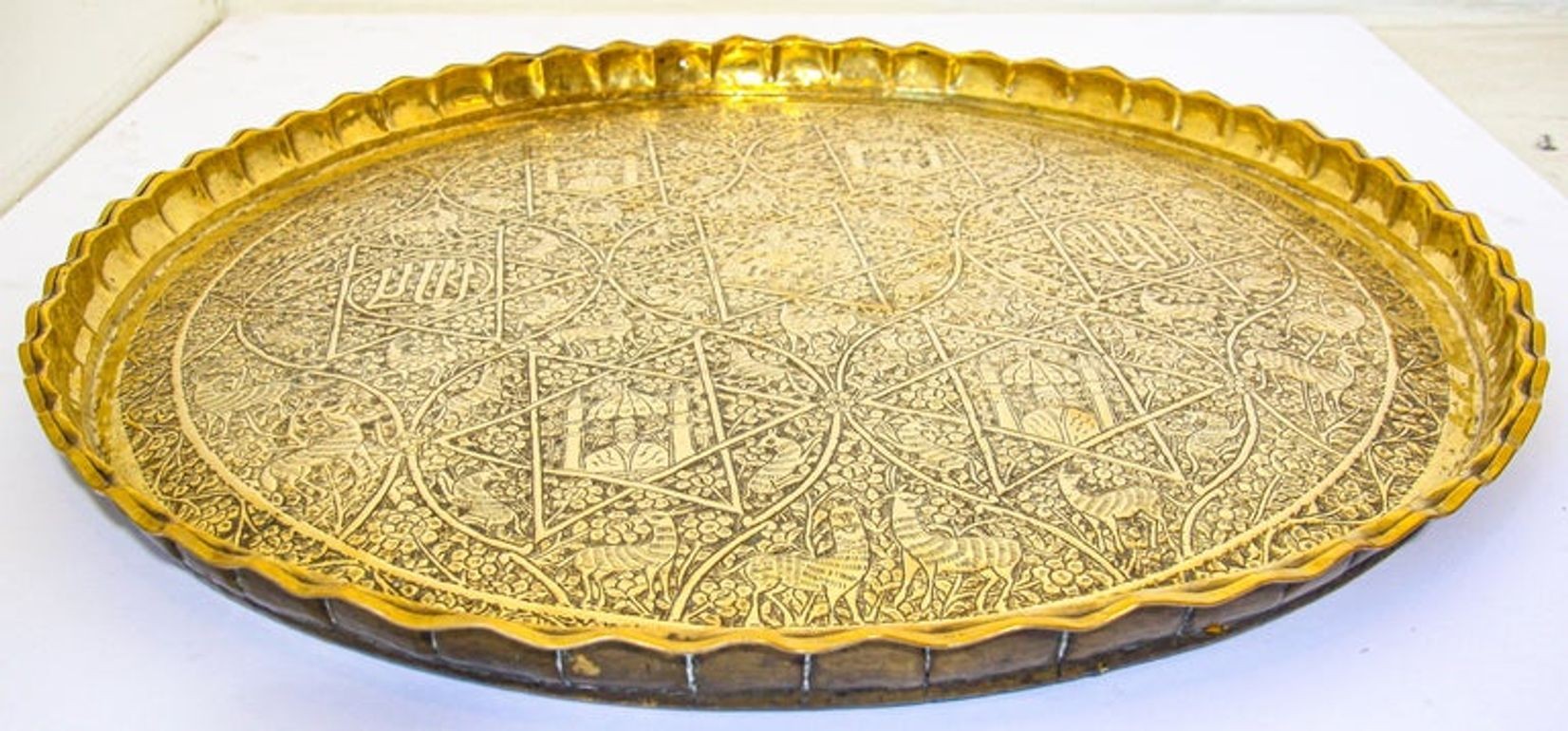 Large Antique Decorative Indo-Persian Mughal Hammered Brass Tray 19th c.