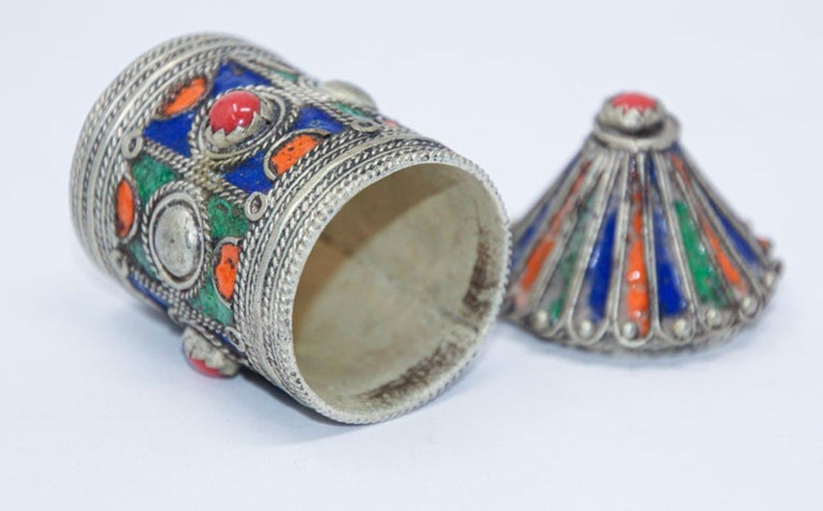 Antique Kabyle Berber Silver & Enamel Kohl Jewelry Box, Algeria, circa 1920s