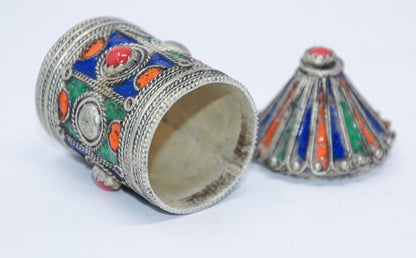 Antique Kabyle Berber Silver & Enamel Kohl Jewelry Box, Algeria, circa 1920s